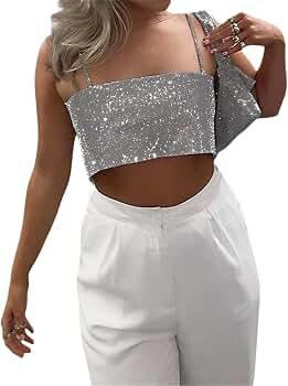 Women Sequin Cami Top Sexy Sleeveless Spaghetti Strap Sparkle Tank
